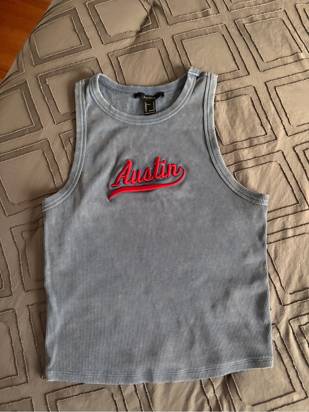 Forever 21 Light Blue Ribbed Tank with Red 'Austin' Embroidery
